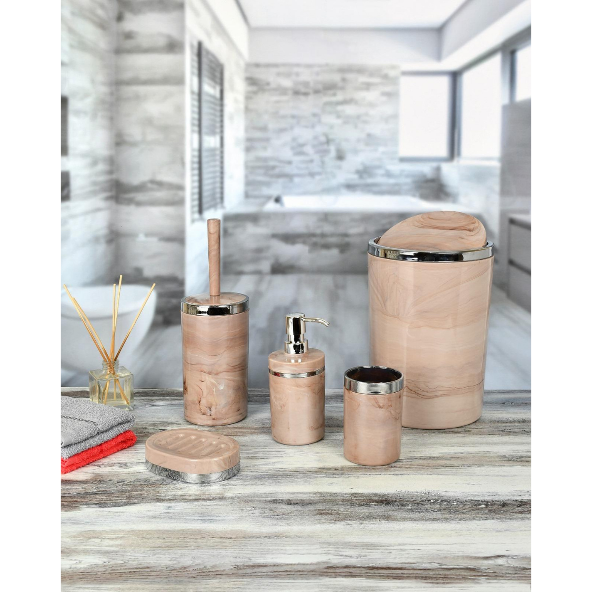 5 Parça Akrilik Mermer Desenli Banyo Seti