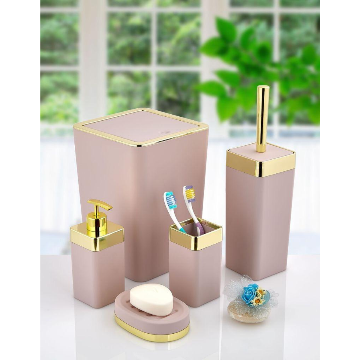 5 Parça Soft Pembe Kare Banyo Seti