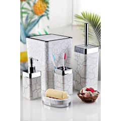 5 Parça Mermer Desenli Beyaz Kare Banyo Seti