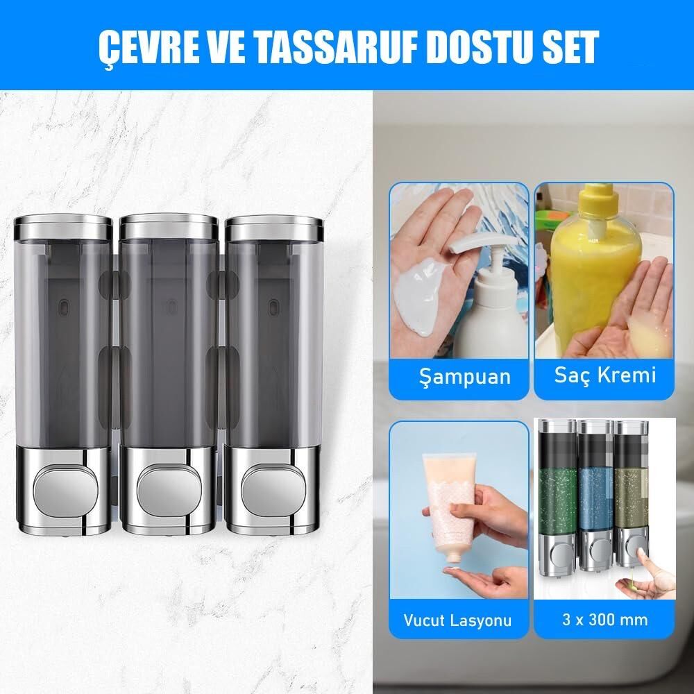 Duvara Monte Sızdırmaz 3 Bölmeli Sıvı Sabun & Şampuan Dispenseri - Pratik ve Şık Tasarım