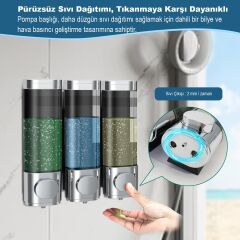Duvara Monte Sızdırmaz 3 Bölmeli Sıvı Sabun & Şampuan Dispenseri - Pratik ve Şık Tasarım